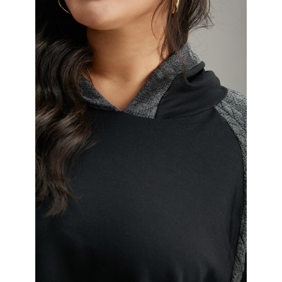 Plus Size Rib Knit Cable Knit Patchwork Hooded Sweatshirt Women Black Casual Elastic cuffs Hooded Dailywear Sweatshirts BloomChic 26/4X Product Image