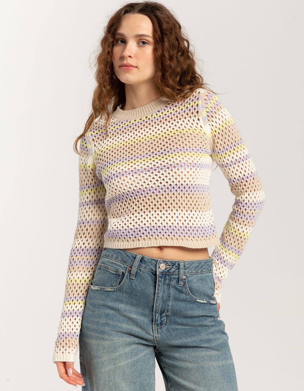 FULL TILT Open Weave Color Block Womens Sweater - Cream Combo Product Image