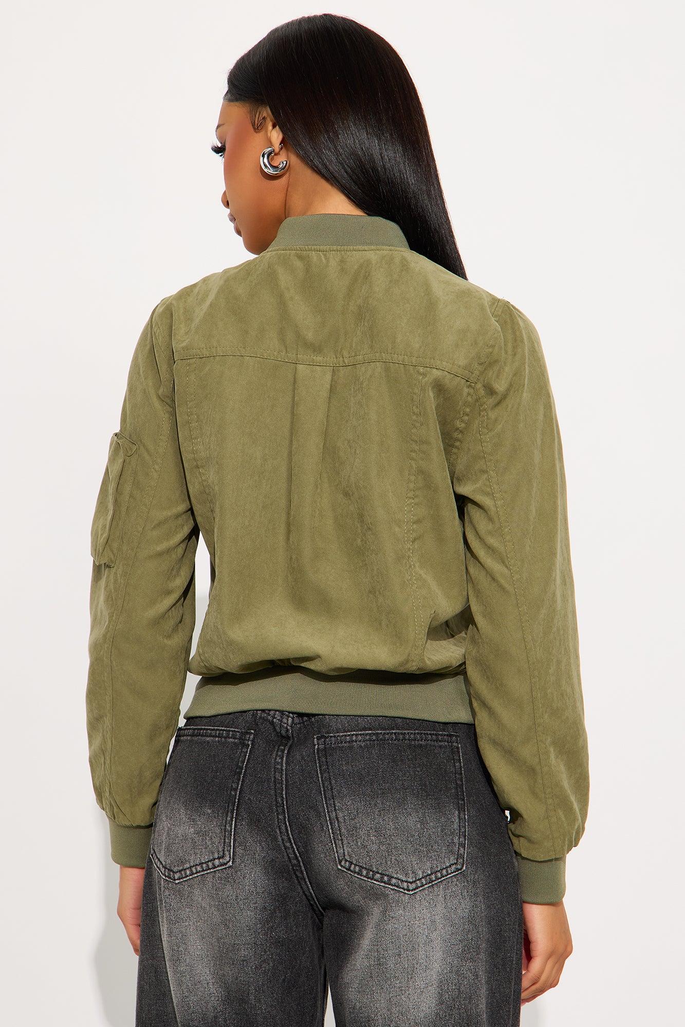 Good Vibes Faux Suede Bomber Jacket - Sage Female Product Image