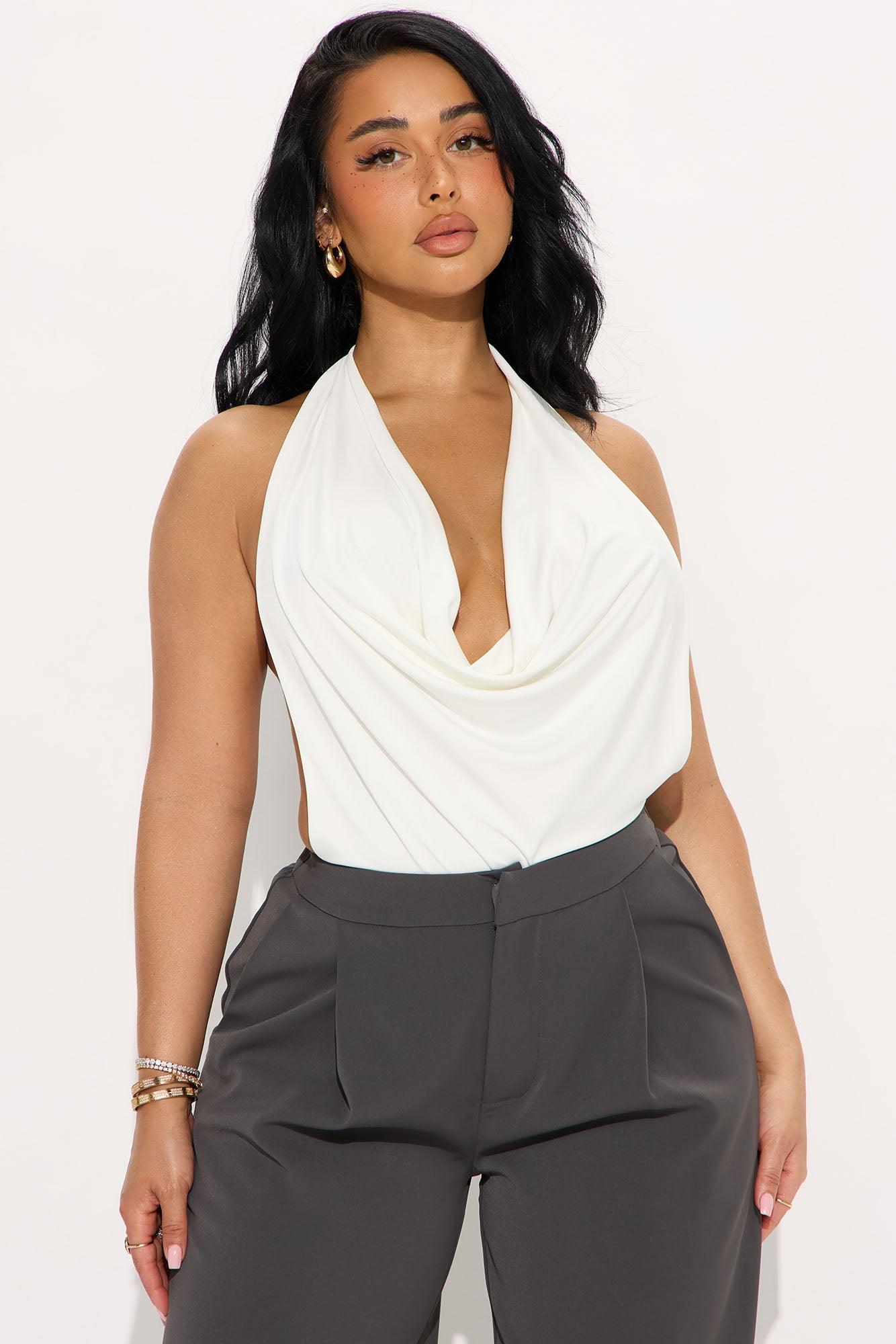 Moving Independent Cowl Neck Halter Bodysuit - White Product Image