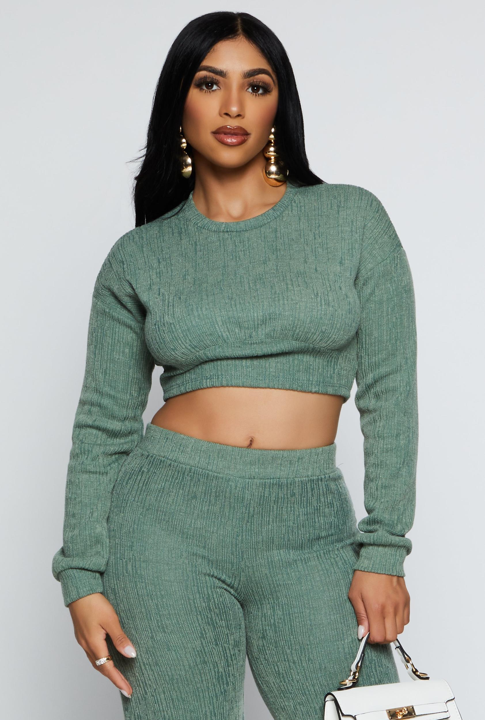 Womens Textured Brushed Knit Long Sleeve Crop Top Product Image
