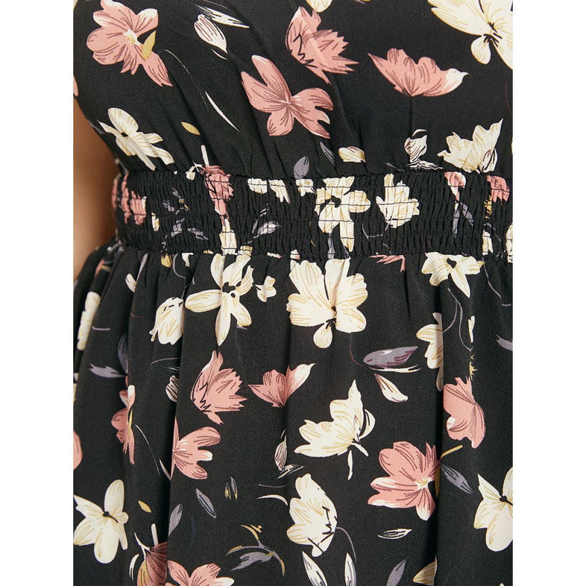 Plus Size Floral Print Halter Shirred Pocket Ruffle Hem Dress BlackFlower Women Elegant Knotted Cold Shoulder Sleeveless Curvy Knee Dress BloomChic 10/M Product Image