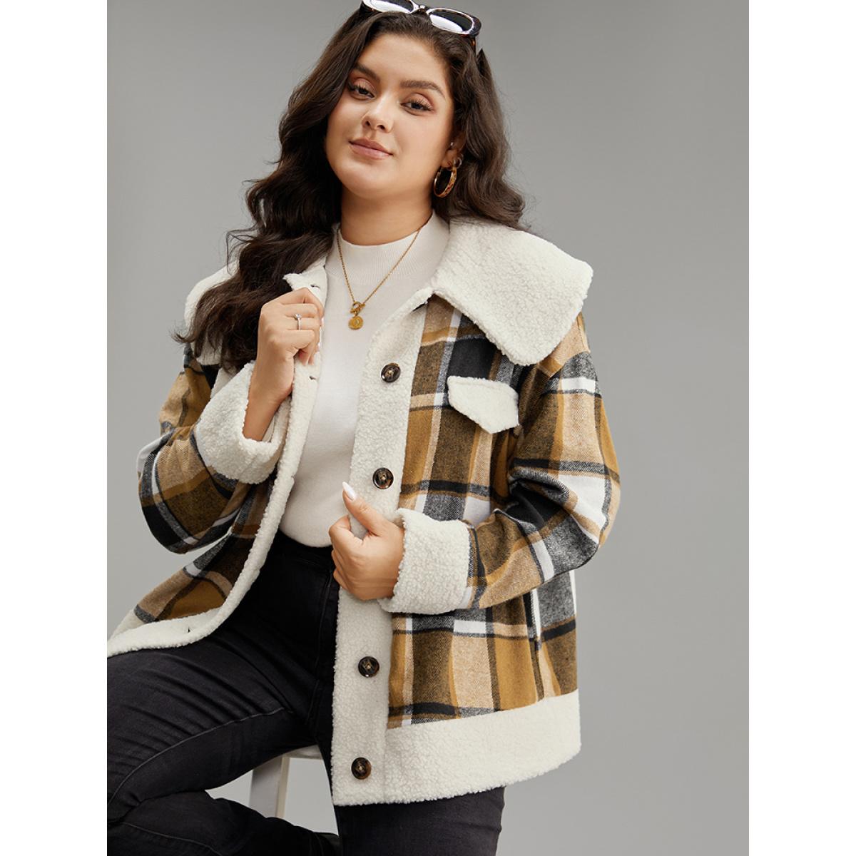Plus Size Plaid Contrast Patchwork Button Through Jacket Women Chocolate Contrast Dailywear Jackets BloomChic 26/4X Product Image