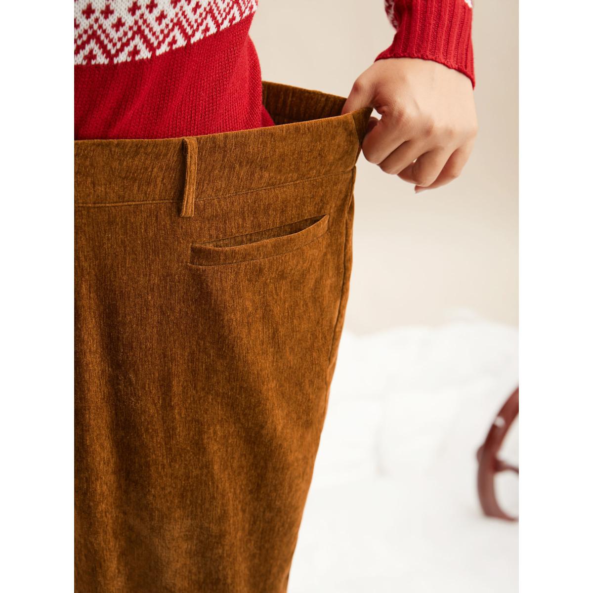 Plus Size Mid Rise Button Up Straight Leg Pants Women Yellowishbrown Casual Straight Leg Mid Rise Everyday Pants BloomChic 30/6X Product Image