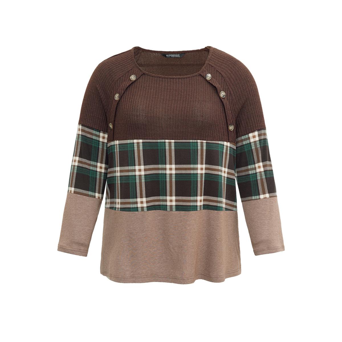Plus Size Colorblock Plaid Patchwork Button Detail T-shirt DarkBrown Women Casual Contrast Plaid Round Neck Festival-Christmas T-shirts BloomChic 14-16/1X Product Image