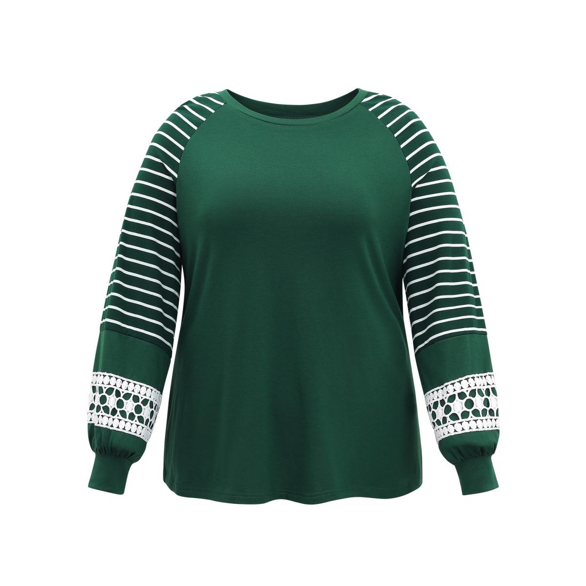 Plus Size Striped Guipure Lace Raglan Sleeve T-shirt DarkGreen Women Elegant Plain Striped Round Neck Dailywear T-shirts BloomChic 14-16/1X Product Image