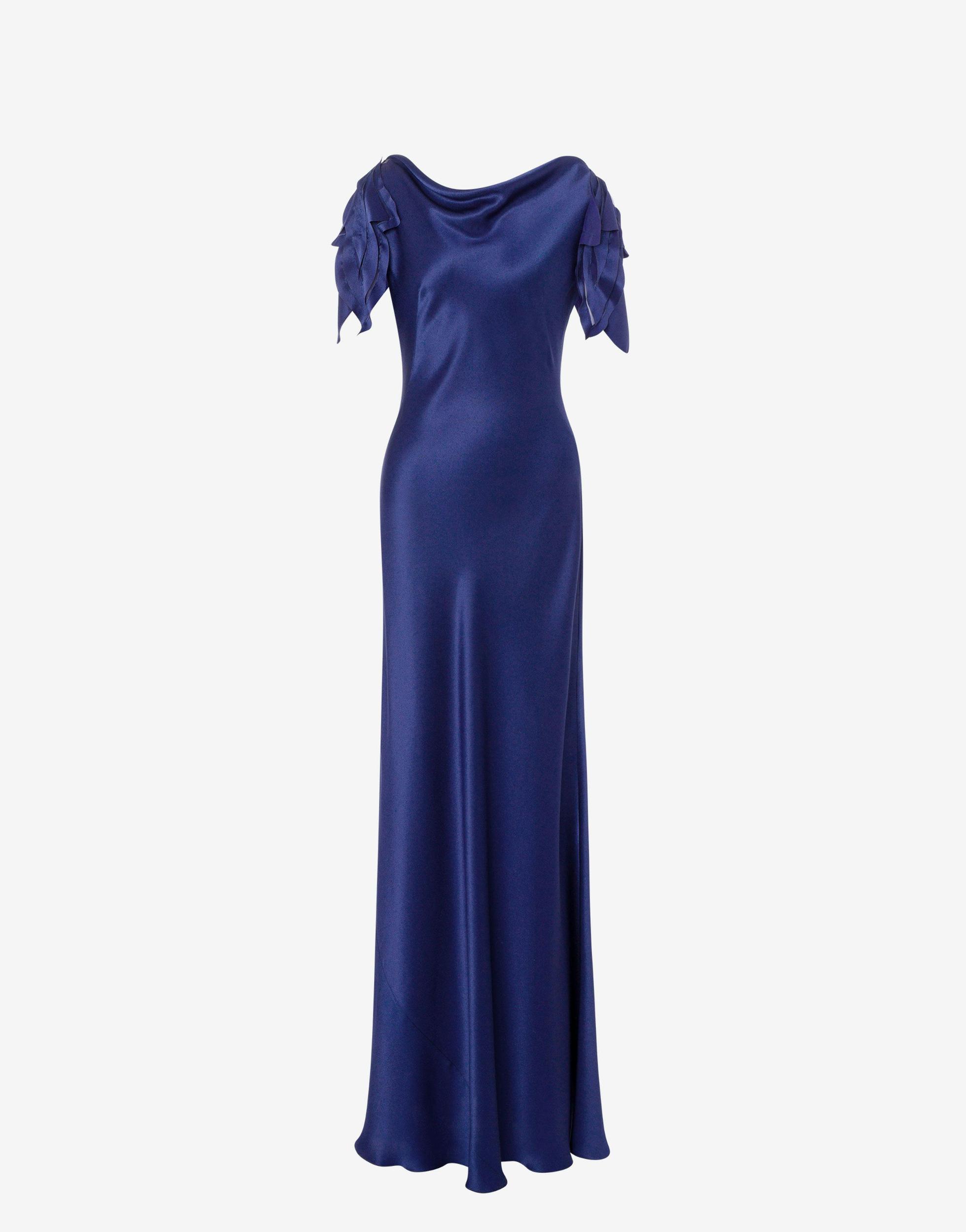 Satin long dress with laser-cut sleeves Product Image