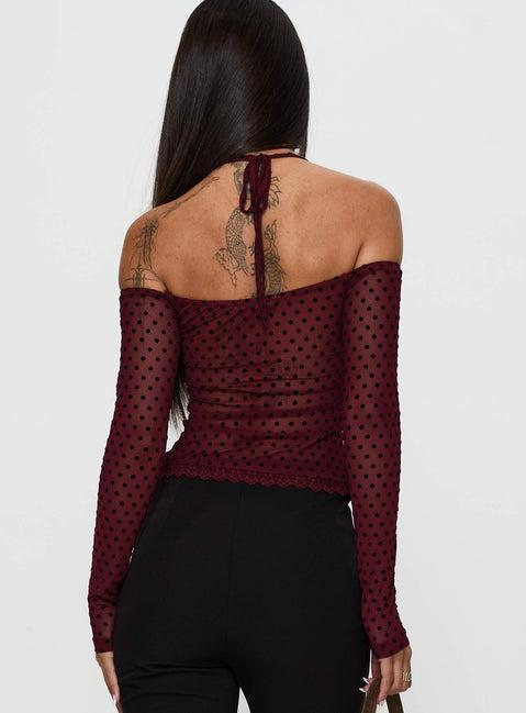 On My Side Off Shoulder Tie Neck Top Burgundy Product Image