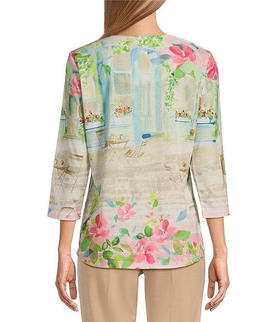 Allison Daley Petite Size Town Country Border Print 3/4 Sleeve Crew Neck Knit Top Product Image