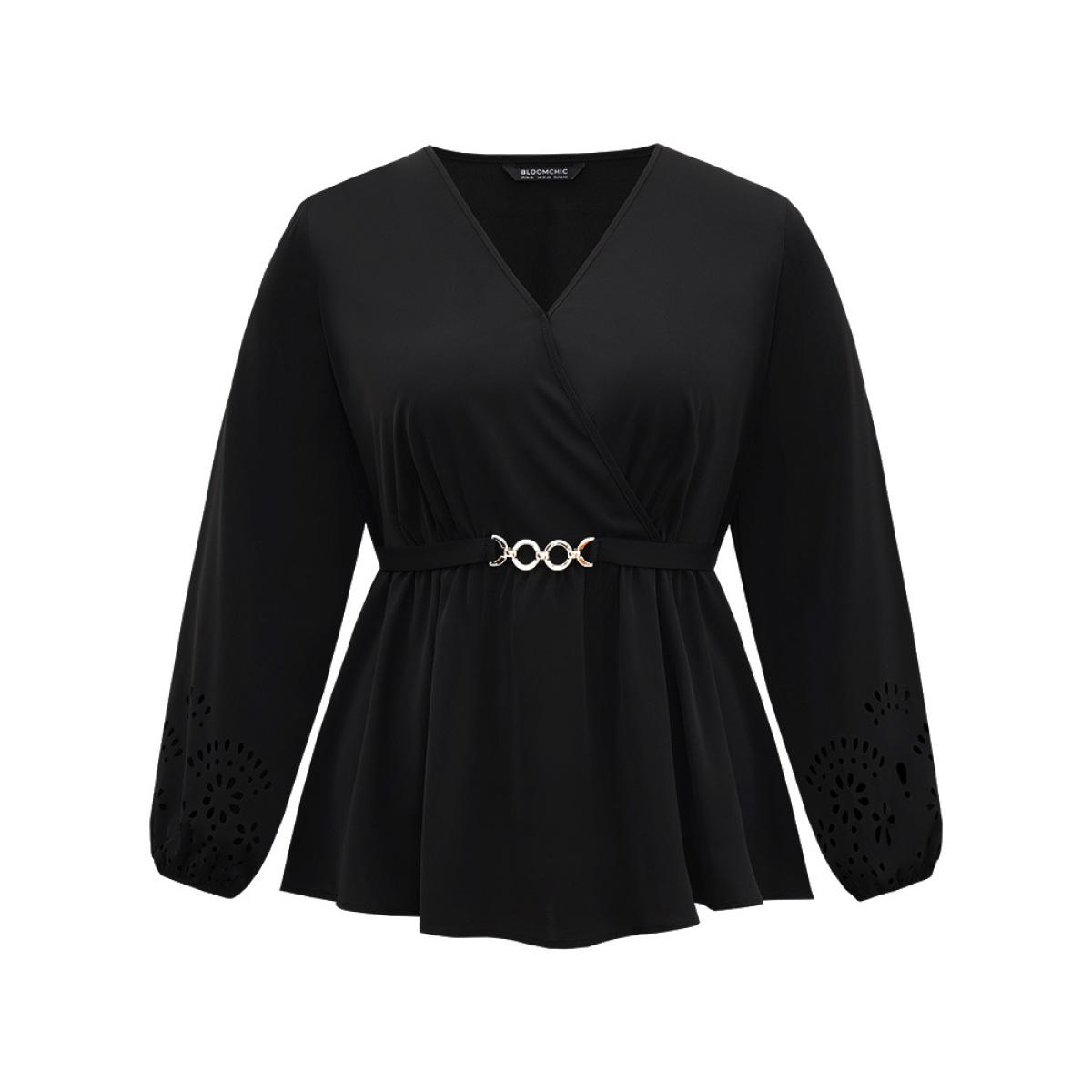 Plus Size Black Plain Elastic Waist Buckle Detail Wrap Blouse Women Office Long Sleeve V-neck Office Blouses BloomChic 14-16/1X Product Image