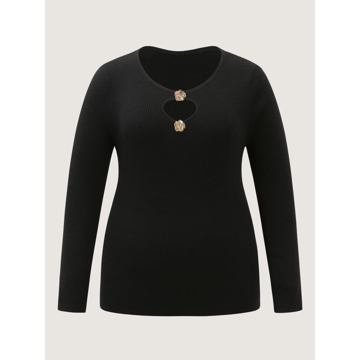 Plus Size Metallic Floral Detail Cut-Out Pullover Black Women Timeless Loose Long Sleeve Round Neck Elegant Pullovers BloomChic 14-16/1X Product Image