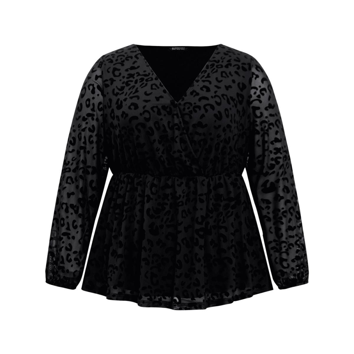Plus Size Black Leopard Flocking Mesh Patchwork Wrap Blouse Women Glamour Long Sleeve V-neck Going out Blouses BloomChic 14-16/1X Product Image