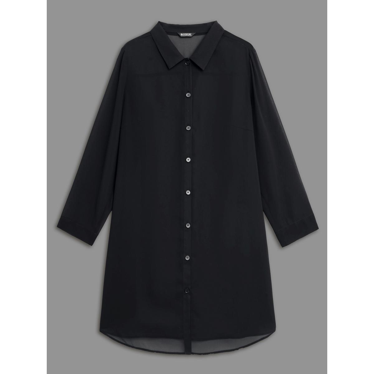 Plus Size Black Chiffon Mesh Pleated Tunic Blouse Women Elegant Long Sleeve Shirt collar Everyday Blouses BloomChic 30/6X Product Image