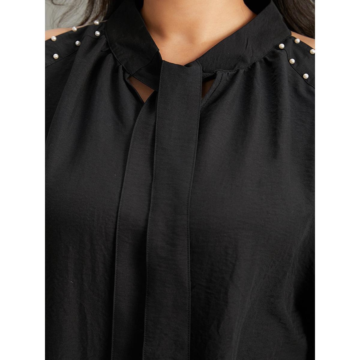 Plus Size Black Pearl Beaded Cold Shoulder Keyhole Bowknot Blouse Women Glamour Long Sleeve Cold Shoulder Going out Blouses BloomChic 30/6X Product Image