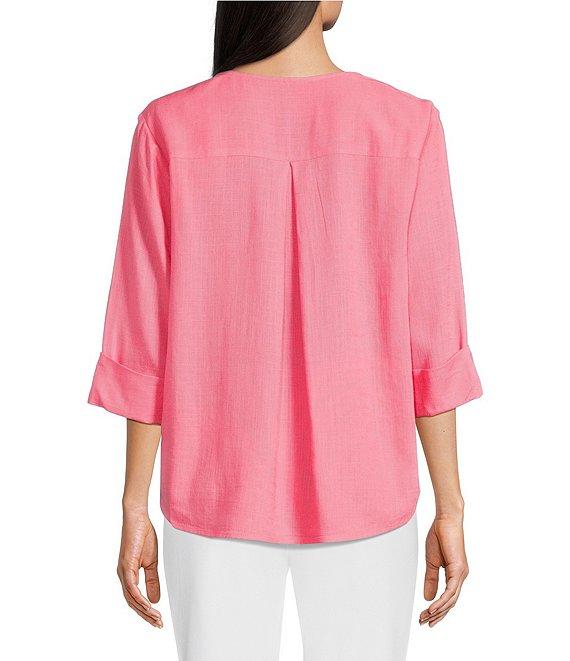 Investments Petite Size 3/4 Sleeve Split V-Neck Button Shirt Product Image