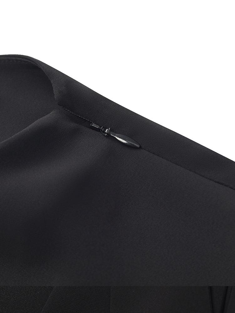 Triacetate Gathered Waist Asymmetric Neck Women Midi Dress Product Image