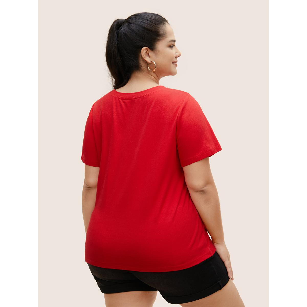 Plus Size Crew Neck Strawberry Print T-shirt Brightred Women Casual Contrast Fruit Round Neck Everyday T-shirts BloomChic 30/6X Product Image