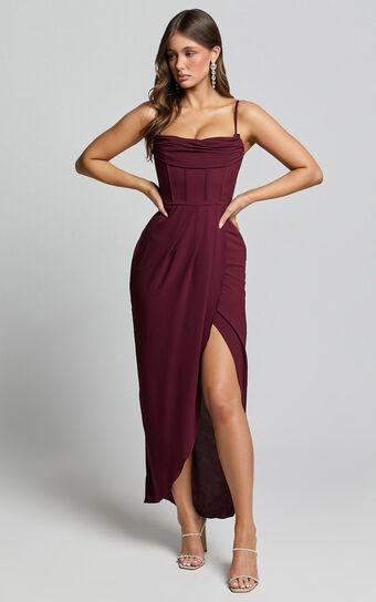 Andrina Midi Dress - High Low Wrap Corset Dress in Wine Product Image