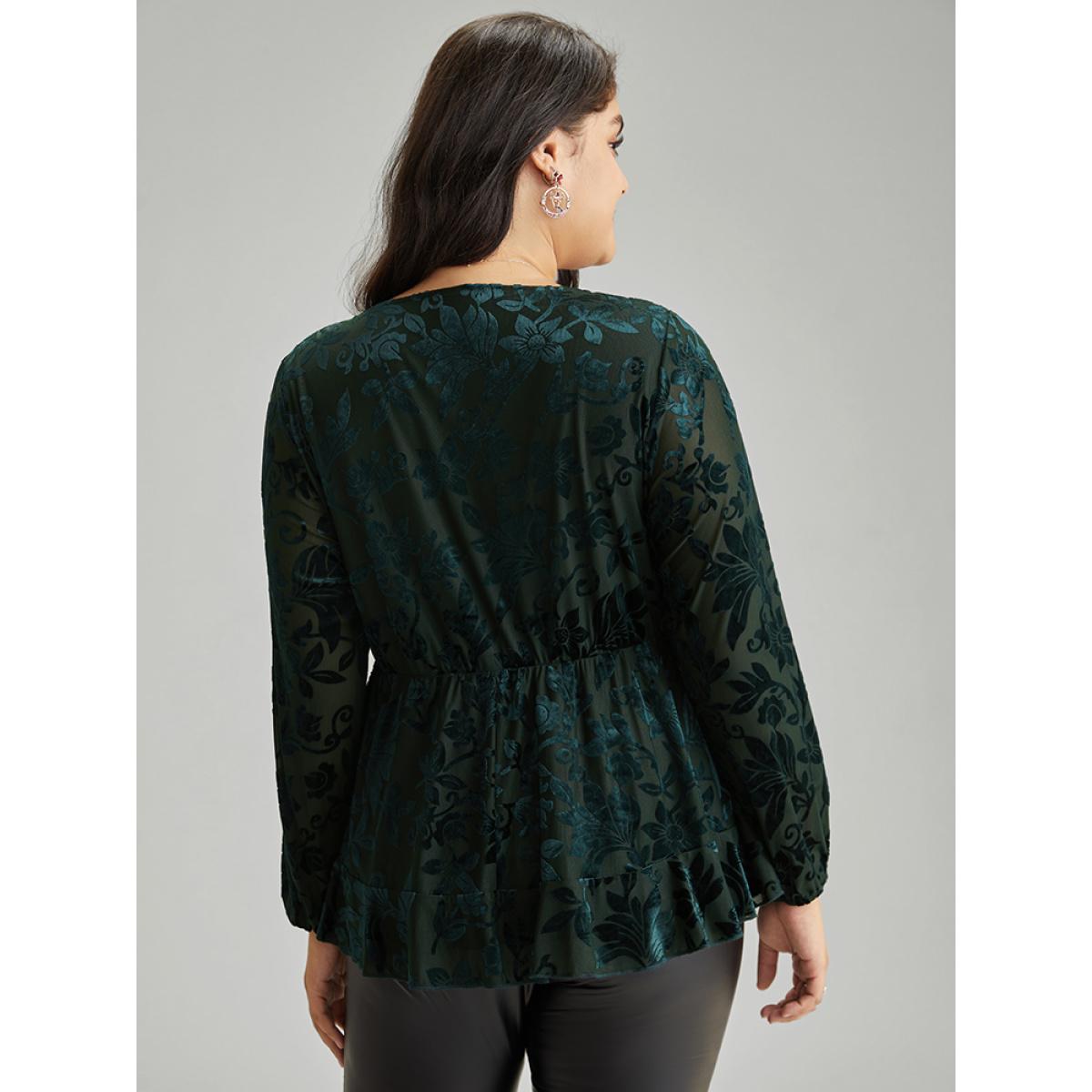 Plus Size DarkGreen Silhouette Floral Print Plain Velvet Texture Wrap Blouse Women Elegant Long Sleeve Overlap Collar Party Blouses BloomChic 26/4X Product Image