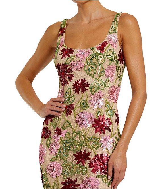 Mac Duggal Scoop Neck Floral Beaded Mesh Sheath Midi Dress Product Image