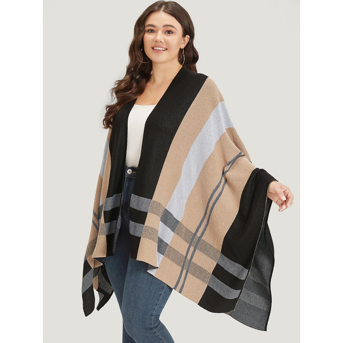 Plus Size Multi-wear Plaid Shawl Cardigan Tan Women Casual Oversized Sleeveless Dailywear Cardigans BloomChic 12/L Product Image