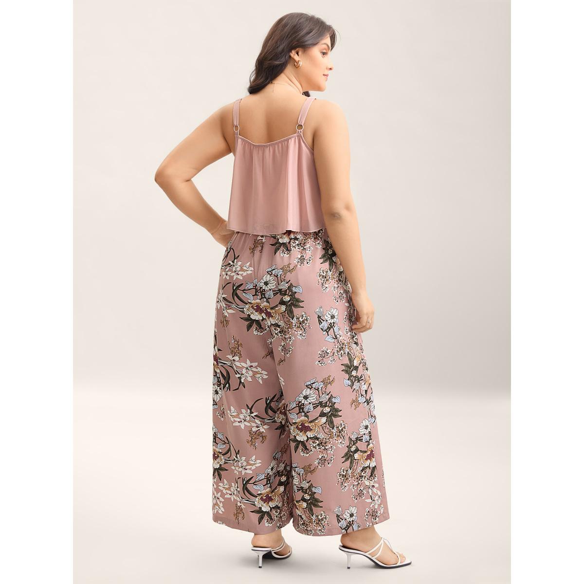 Plus Size DustyPink Large Flower Print Spliced Wide-Leg Jumpsuit Women Timeless Sleeveless U-neck Elegant Loose Jumpsuits BloomChic 12/L Product Image