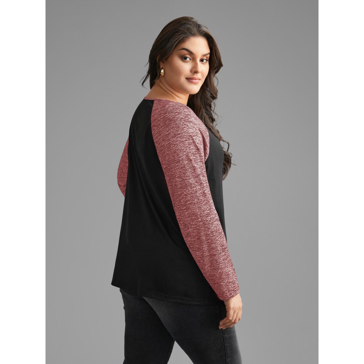 Plus Size Heather Patchwork Button Detail Stretchy T-Shirt Russet Women Casual Contrast Flat collar with V-notch Everyday T-shirts BloomChic 14-16/1X Product Image