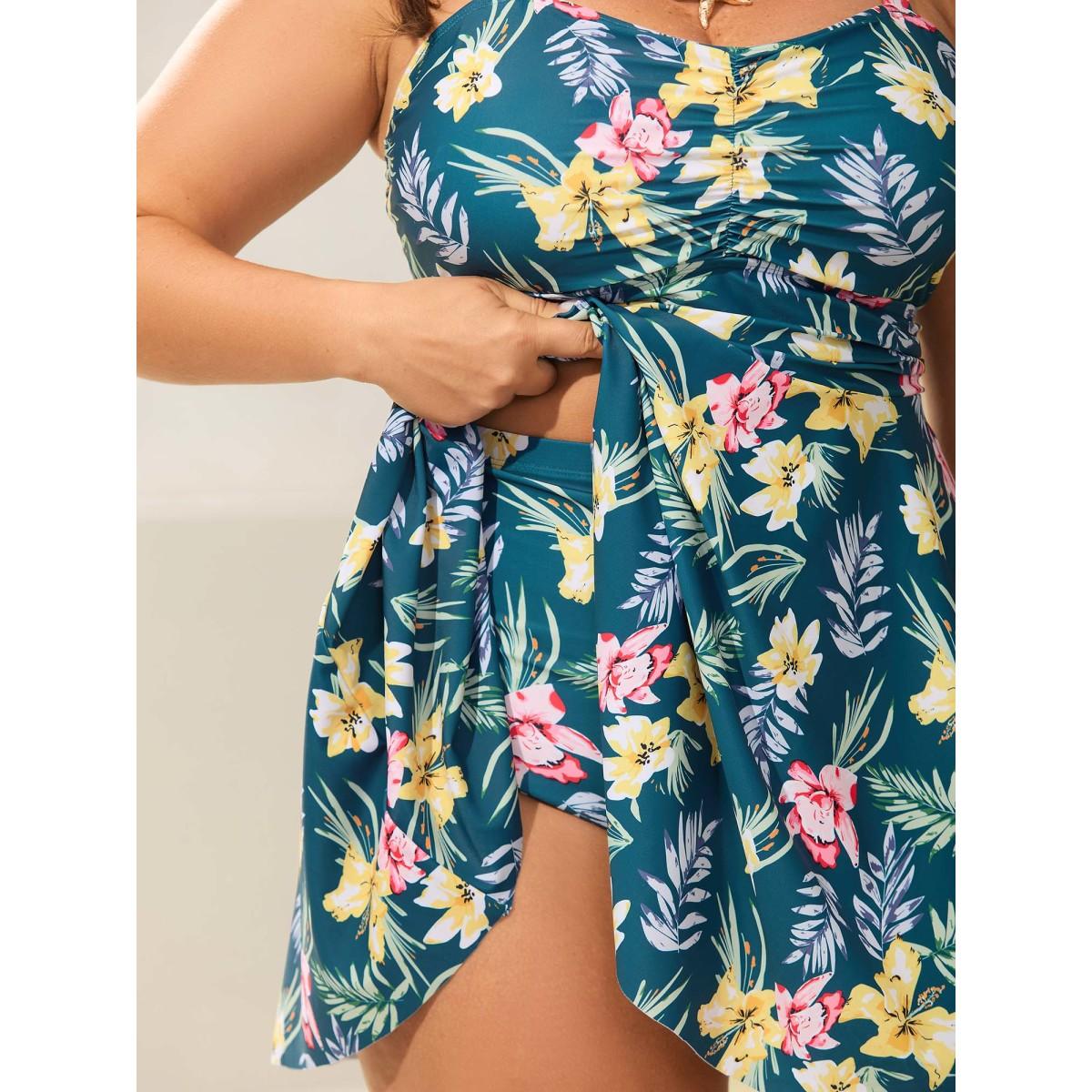 Plus Size Tropical Floral Print Twist Front Swim Dress Women's Swimwear Cyan Beach Bodycon Heart neckline High stretch Curve Swim Dresses BloomChic 28/5X Product Image