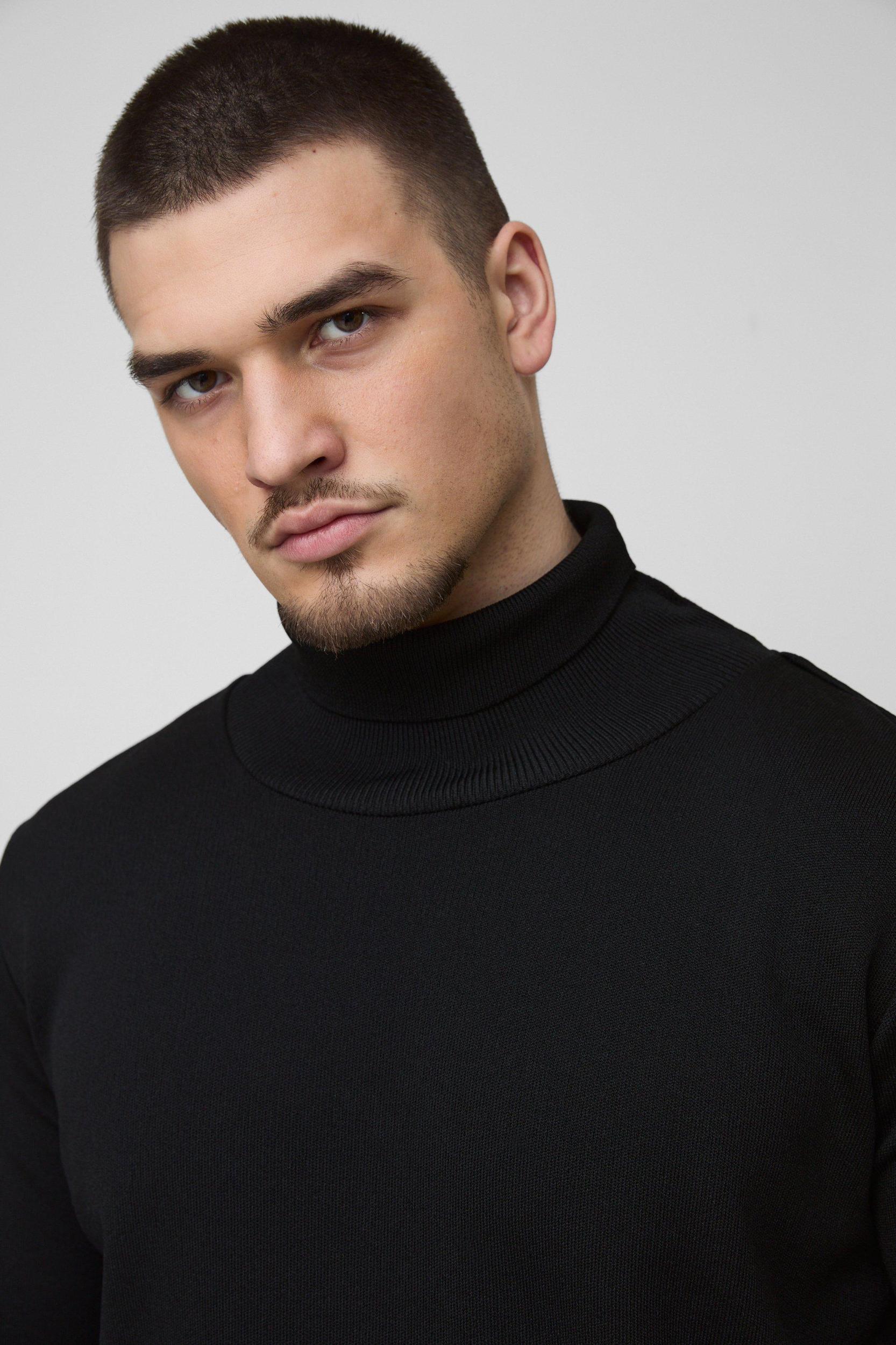 Tall Basic Regular Fit Roll Neck Sweater in Black | boohooMAN USA Product Image