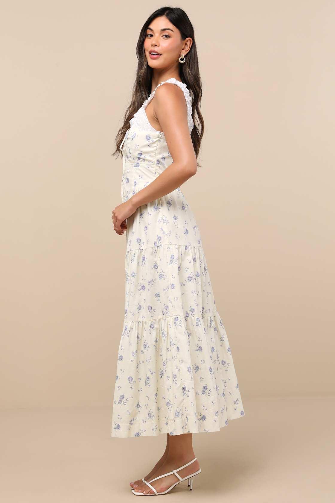 Bianka Ivory Floral Ruffled Tiered Midi Dress Product Image
