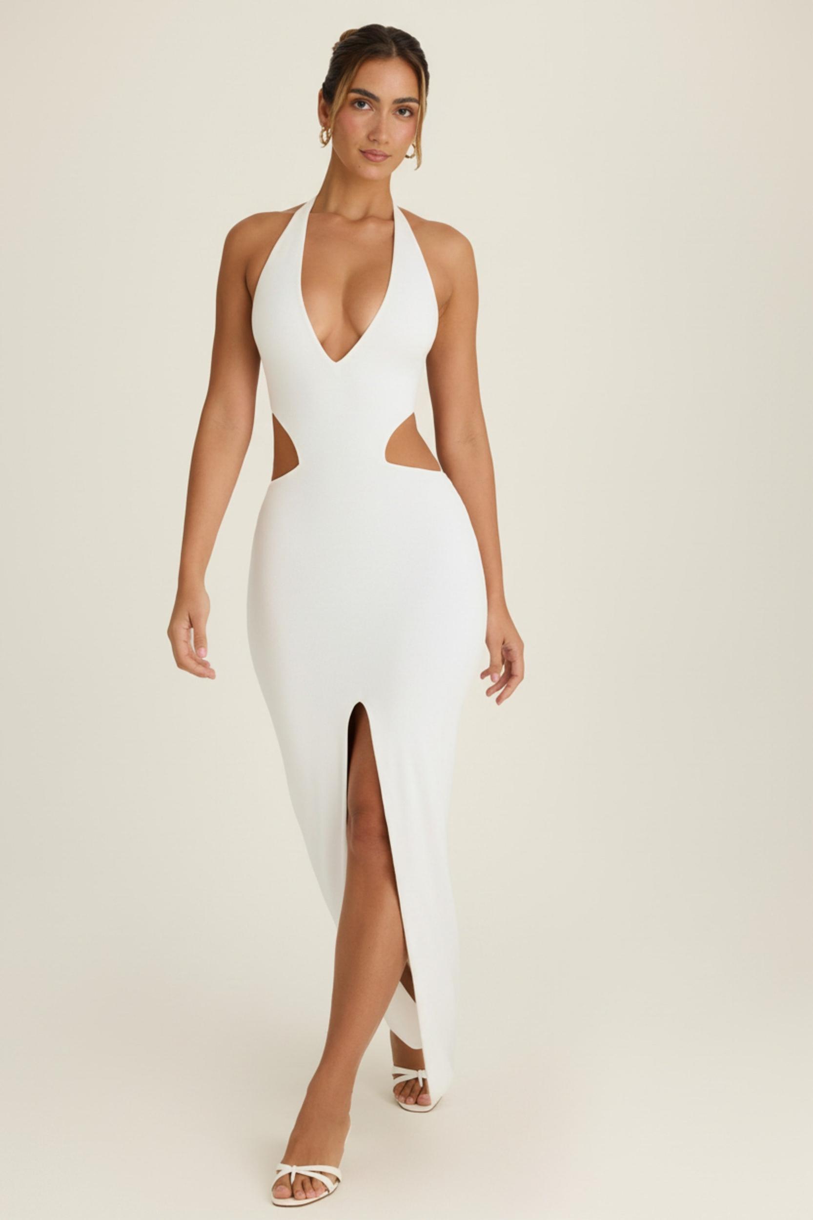 Cut-Out Halterneck Maxi Dress in White Product Image