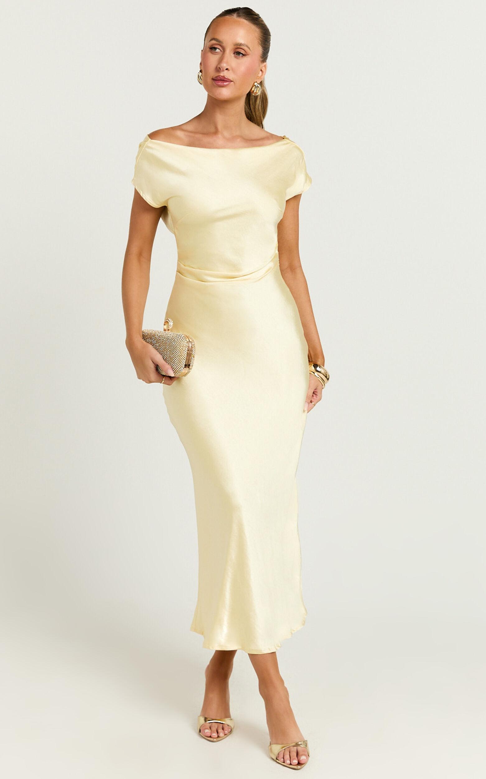 Menette Midi Dress - Short Sleeve Low Back Dress in Butter Product Image