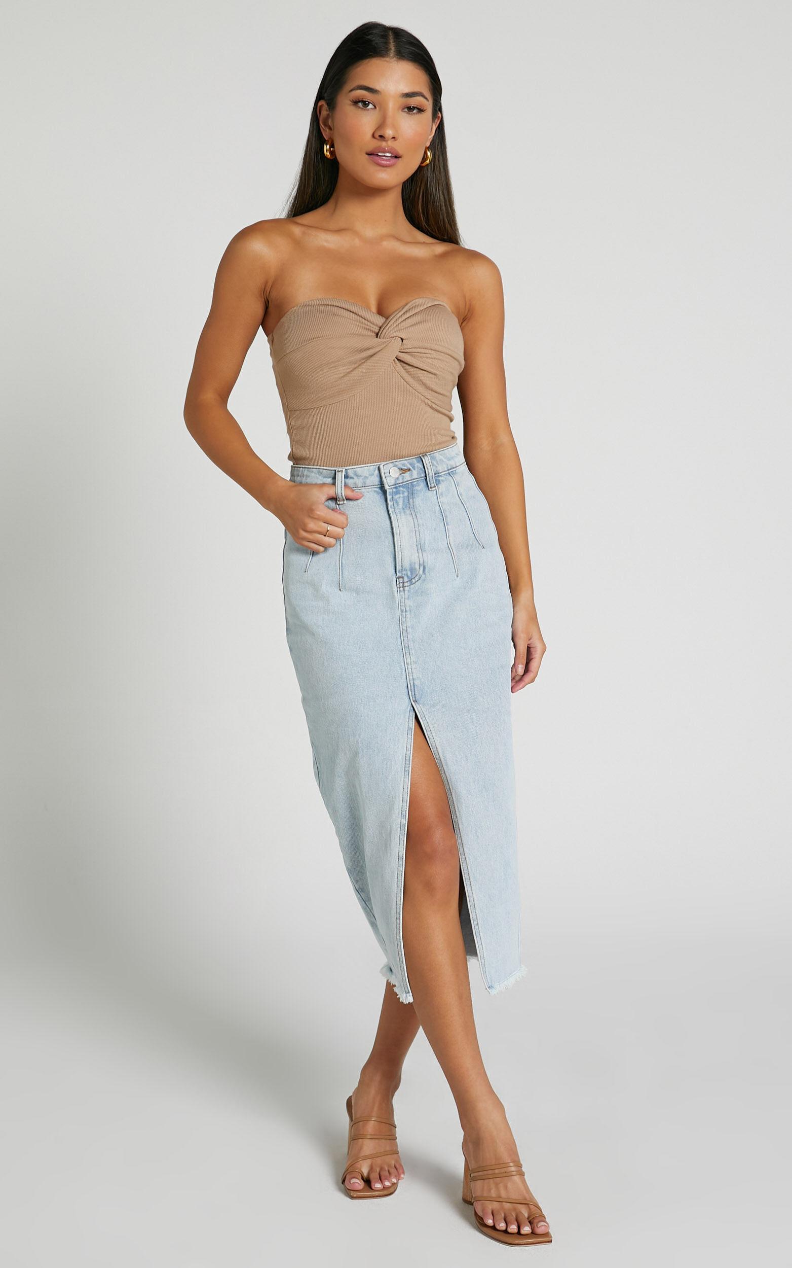 Janeve Midi Skirt - Front Split Denim Skirt in MID WASH Product Image