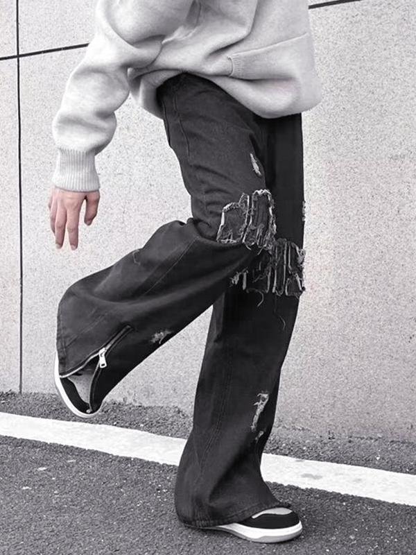 Men's Vintage Raw Trim Ripped Zip Up Loose Jeans Product Image