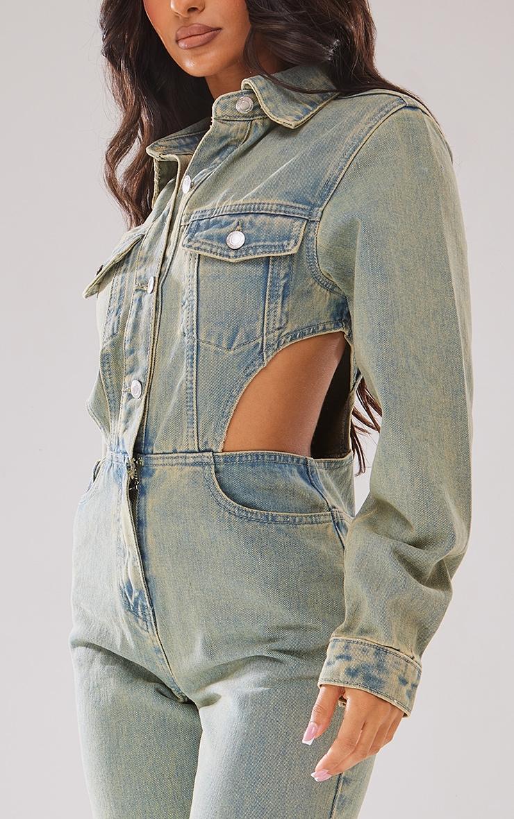 Petite Vintage Wash Denim Cut Out Waist Jumpsuit Product Image