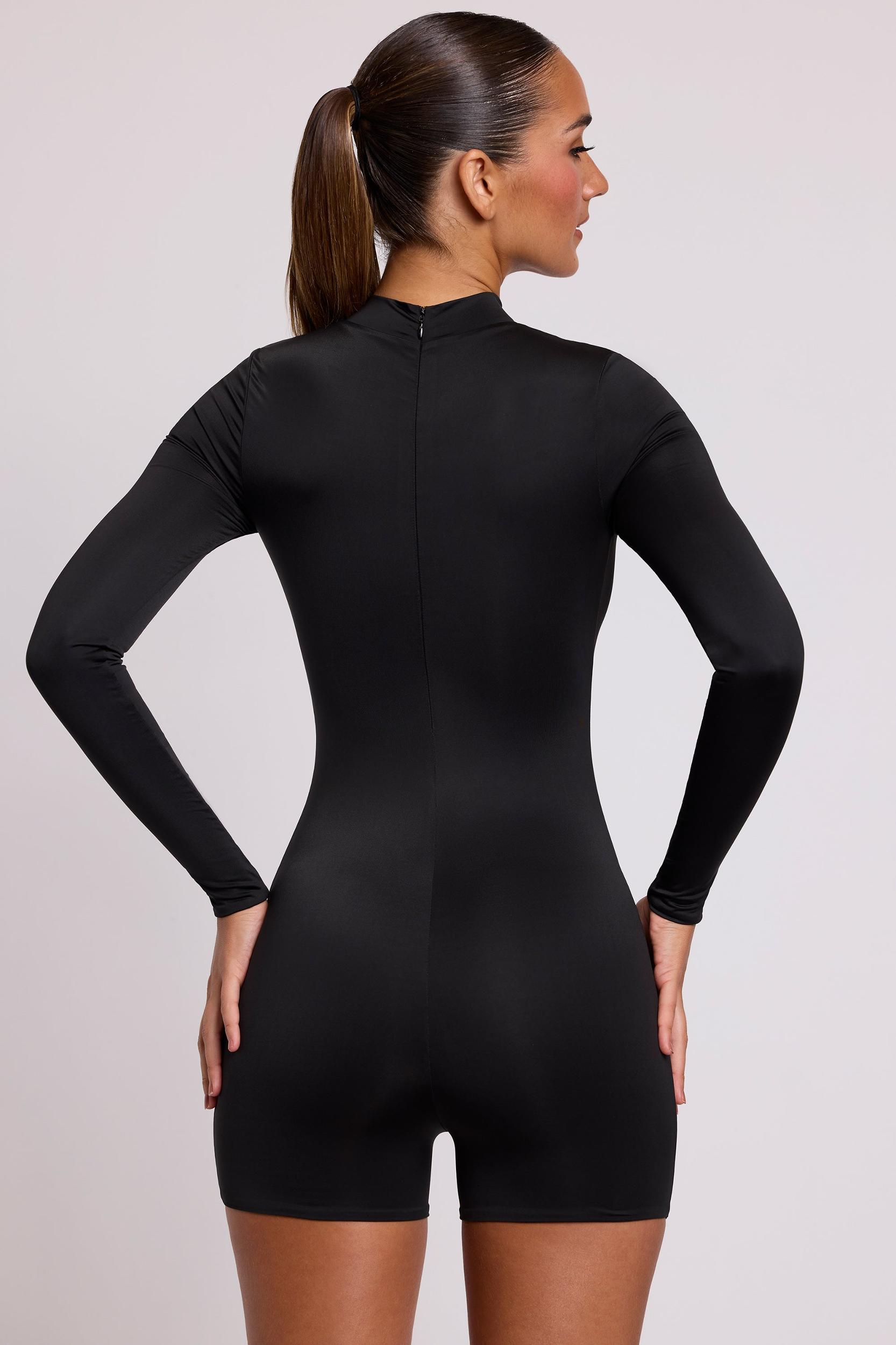 High Neck Long Sleeve Romper in Black Product Image