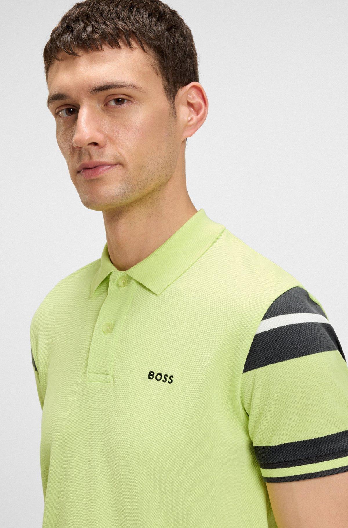 BOSS - Slim-fit polo shirt in cotton with block stripes - Light Green Product Image