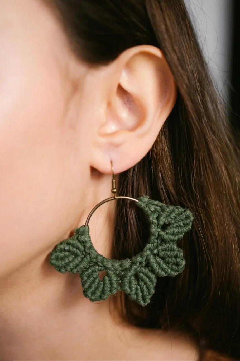 Olive Woven Macrame Boho Leaf Earrings Product Image