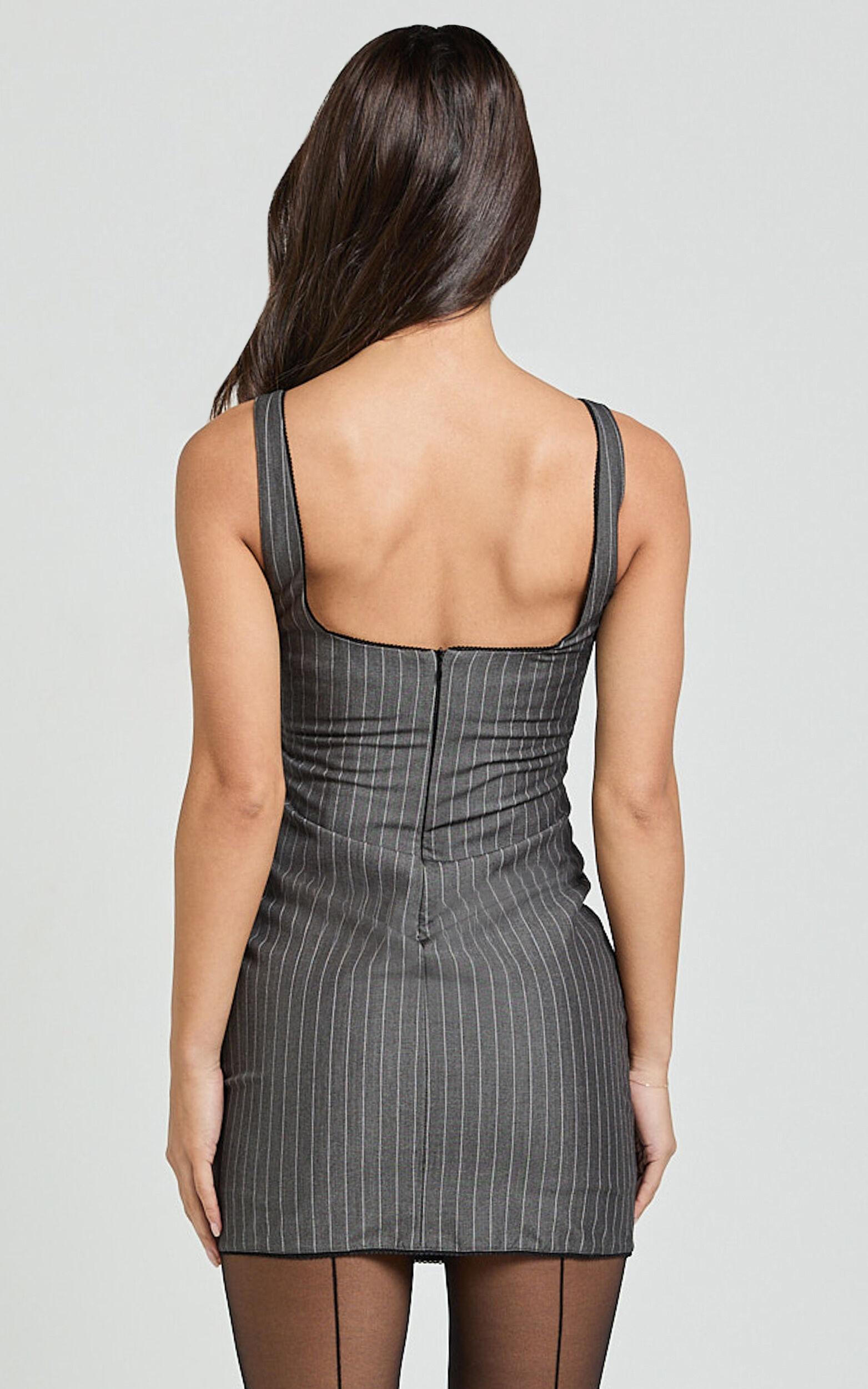 Tracey Mini Dress - Scoop Neck Bodycon Detailed Hem Dress in Charcoal Pinstripe Product Image