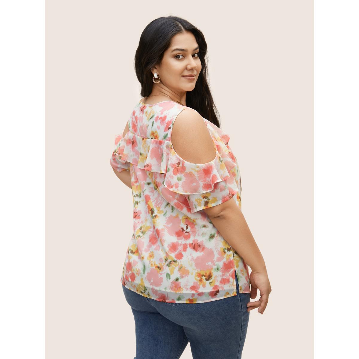 Plus Size Blush Watercolor Floral Cold Shoulder Ruffles Blouse Women Elegant Short sleeve Round Neck Everyday Blouses BloomChic 30/6X Product Image