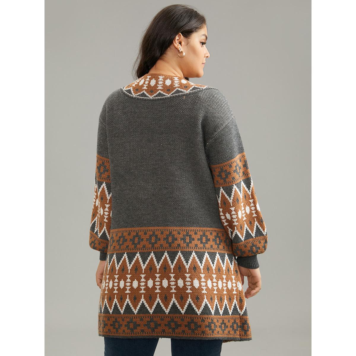 Plus Size Contrast Geometric Pocket Open Front Cardigan DimGray Women Casual Loose Long Sleeve Dailywear Cardigans BloomChic 12/L Product Image