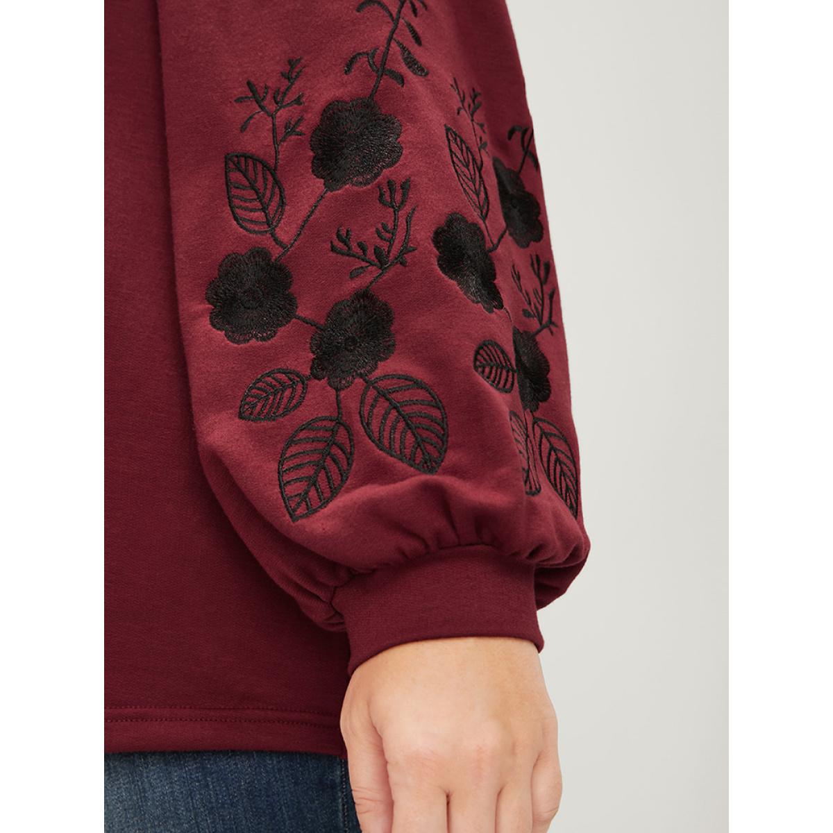 Plus Size Plain Embroidered Lantern Sleeve Drop Shoulder Sweatshirt Women Scarlet Elegant Embroidered Round Neck Dailywear Sweatshirts BloomChic 28/5X Product Image