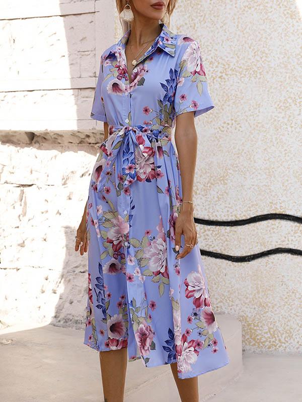 A-Line Loose Buttoned Flower Print Tied Waist Lapel Midi Dresses Product Image