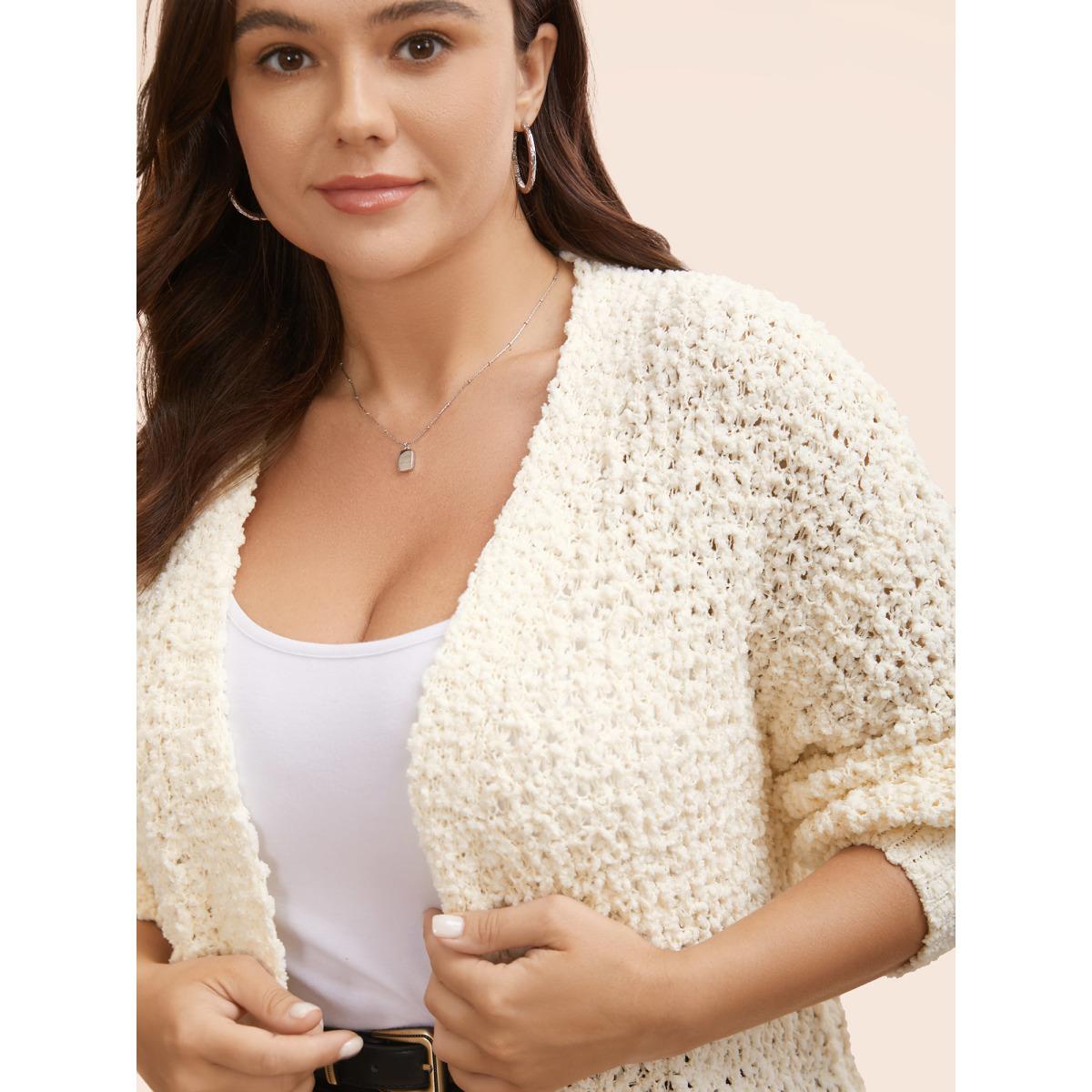 Plus Size Solid Textured Curved Hem Cardigan Beige Women Casual Loose Long Sleeve Everyday Cardigans BloomChic 10/M Product Image