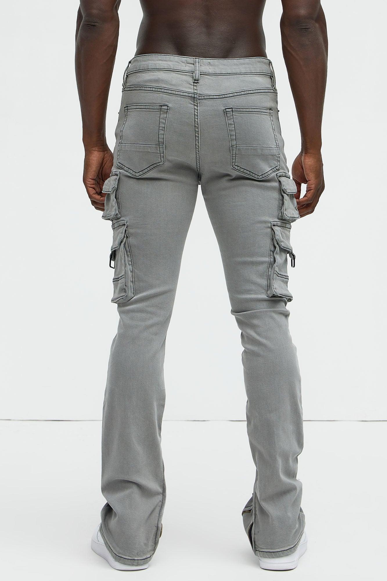Get This Cargo Stacked Skinny Zipper Flare Jeans - Grey Product Image