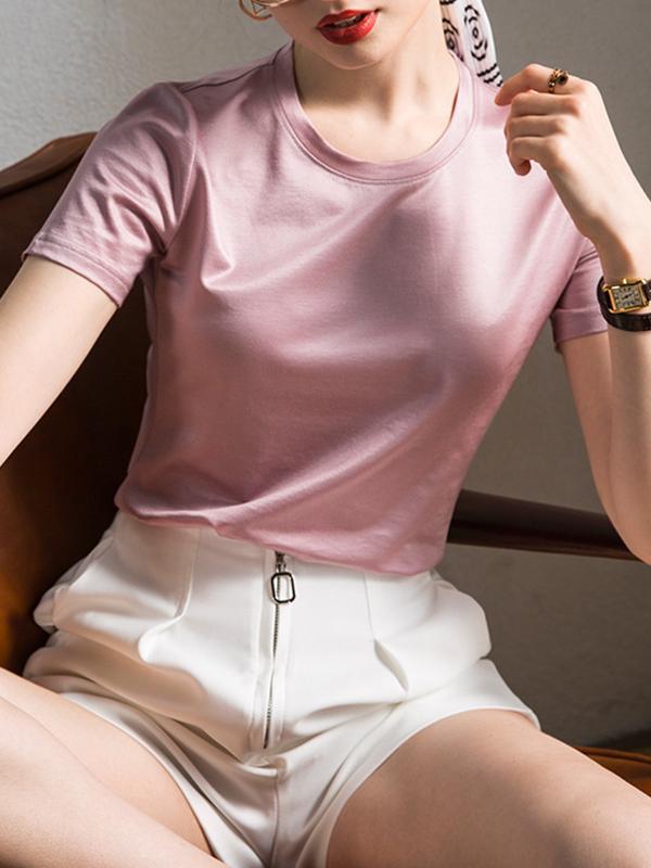Loose Short Sleeves Shiny Solid Color Round-Neck T-Shirts Tops Product Image