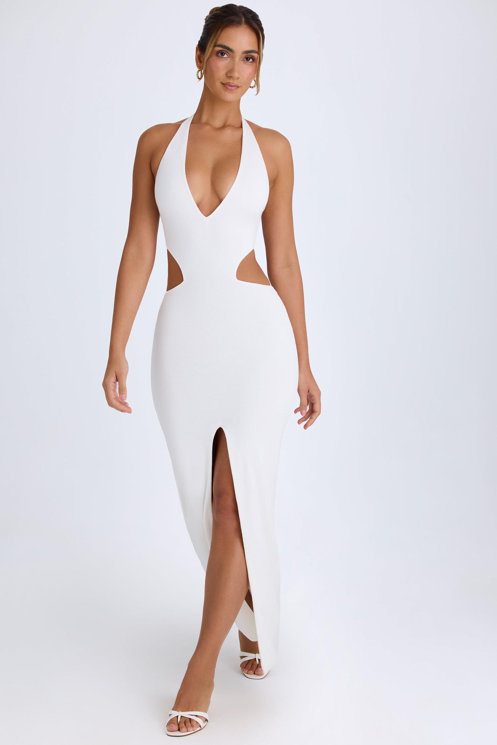 Cut-Out Halterneck Maxi Dress in White Product Image