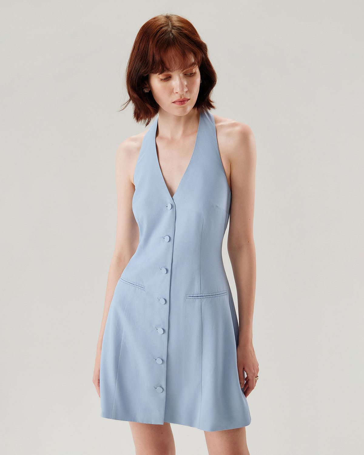Blue Button Pocket Halter Mini Dress Product Image
