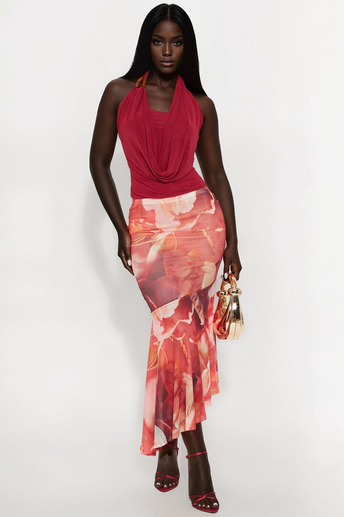 Spontaneous Babe Cowl Neck Mesh Halter Top - Red Female Product Image