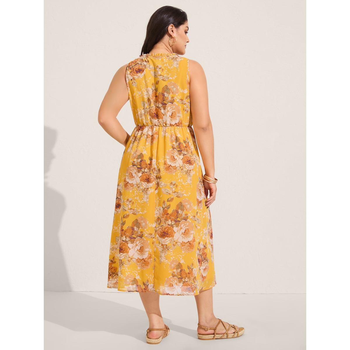 Plus Size Sunny Floral Petal Trim Neck Midi Dress Turmeric Women Notched collar Sleeveless Curvy BloomChic 22-24/3X Product Image